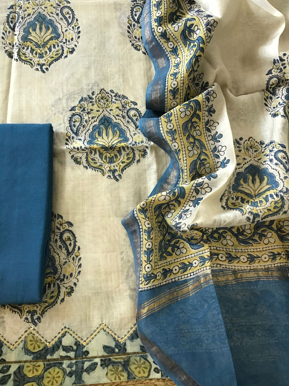 Soft Slub Chanderi Printed Embroidered Border Suit - Beige