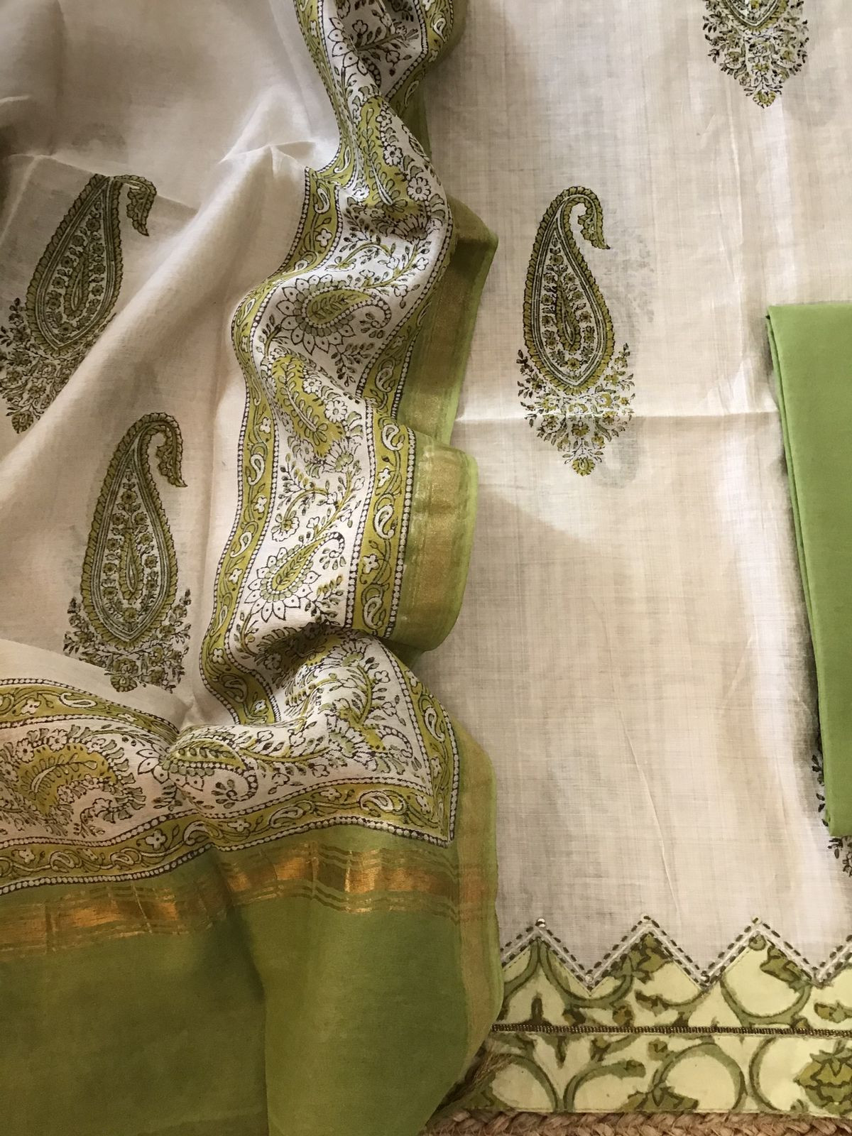 Soft Slub Chanderi Printed Embroidered Border Suit - Beige