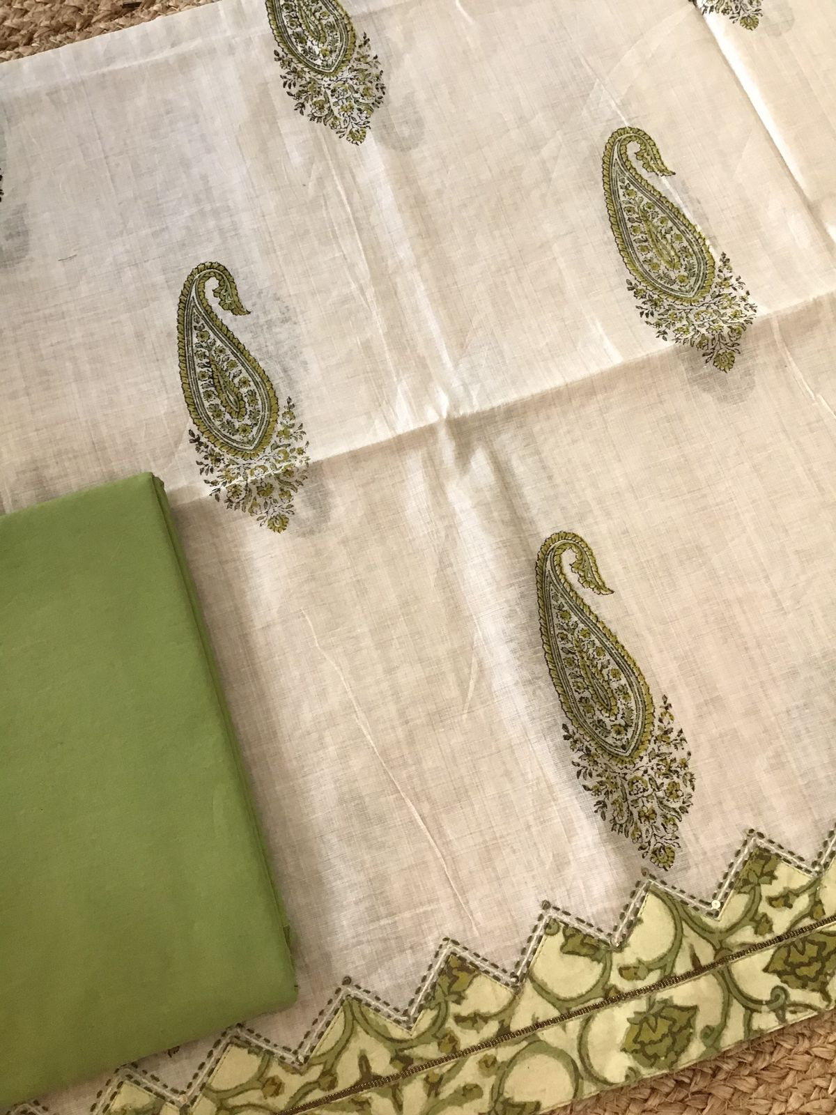 Soft Slub Chanderi Printed Embroidered Border Suit - Beige