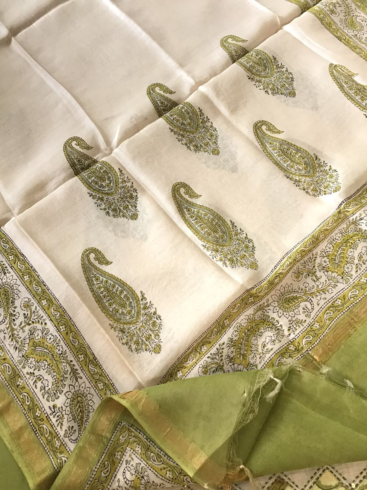 Soft Slub Chanderi Printed Embroidered Border Suit - Beige