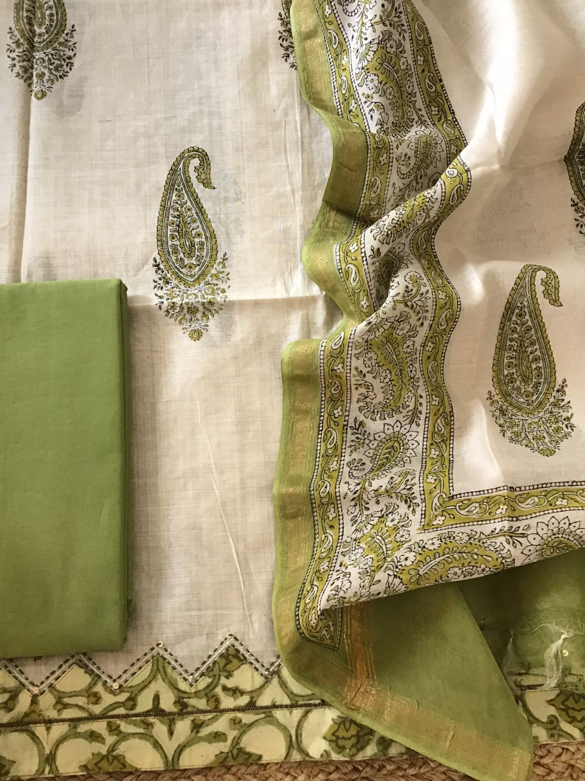 Soft Slub Chanderi Printed Embroidered Border Suit - Beige