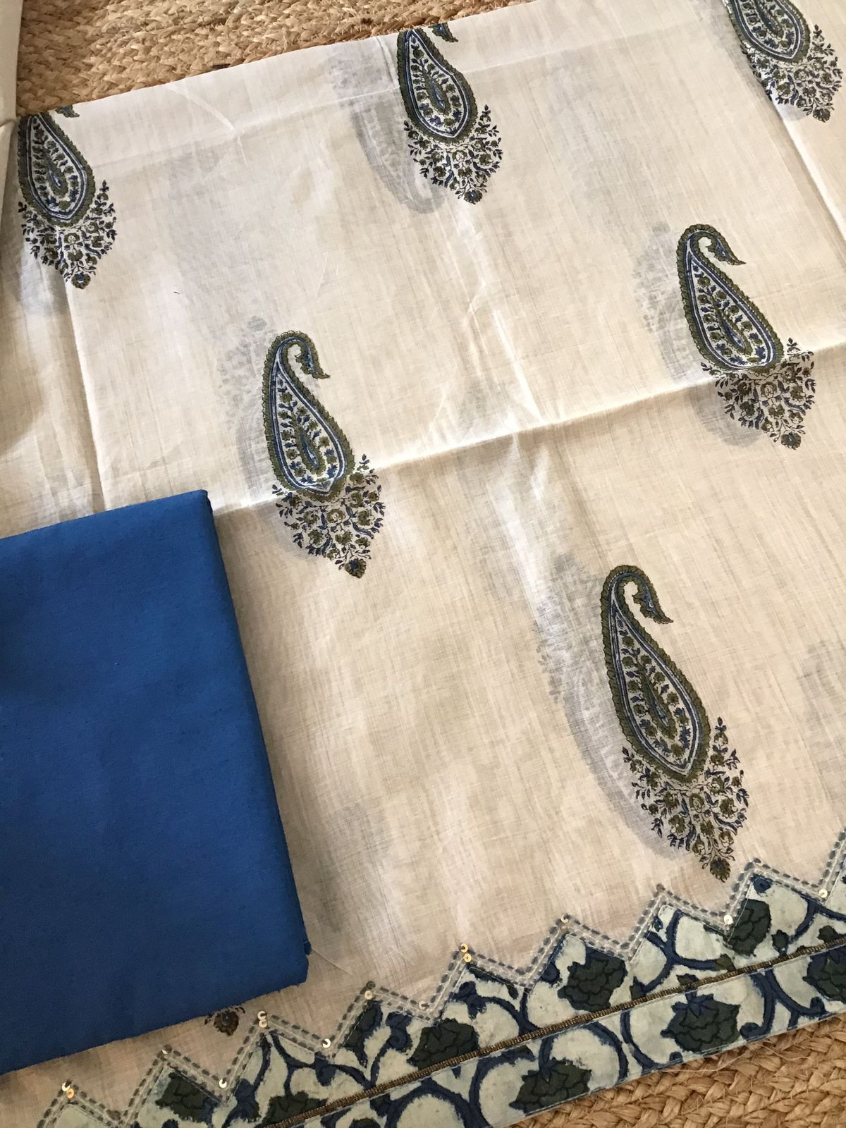 Soft Slub Chanderi Printed Embroidered Border Suit - Beige