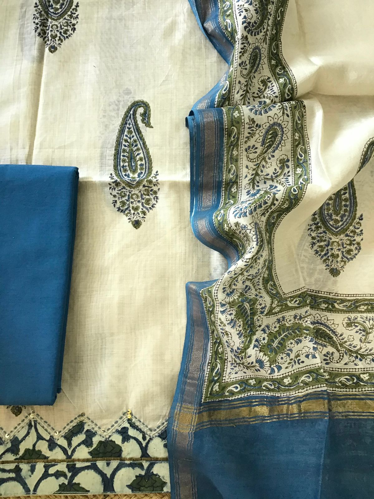 Soft Slub Chanderi Printed Embroidered Border Suit - Beige