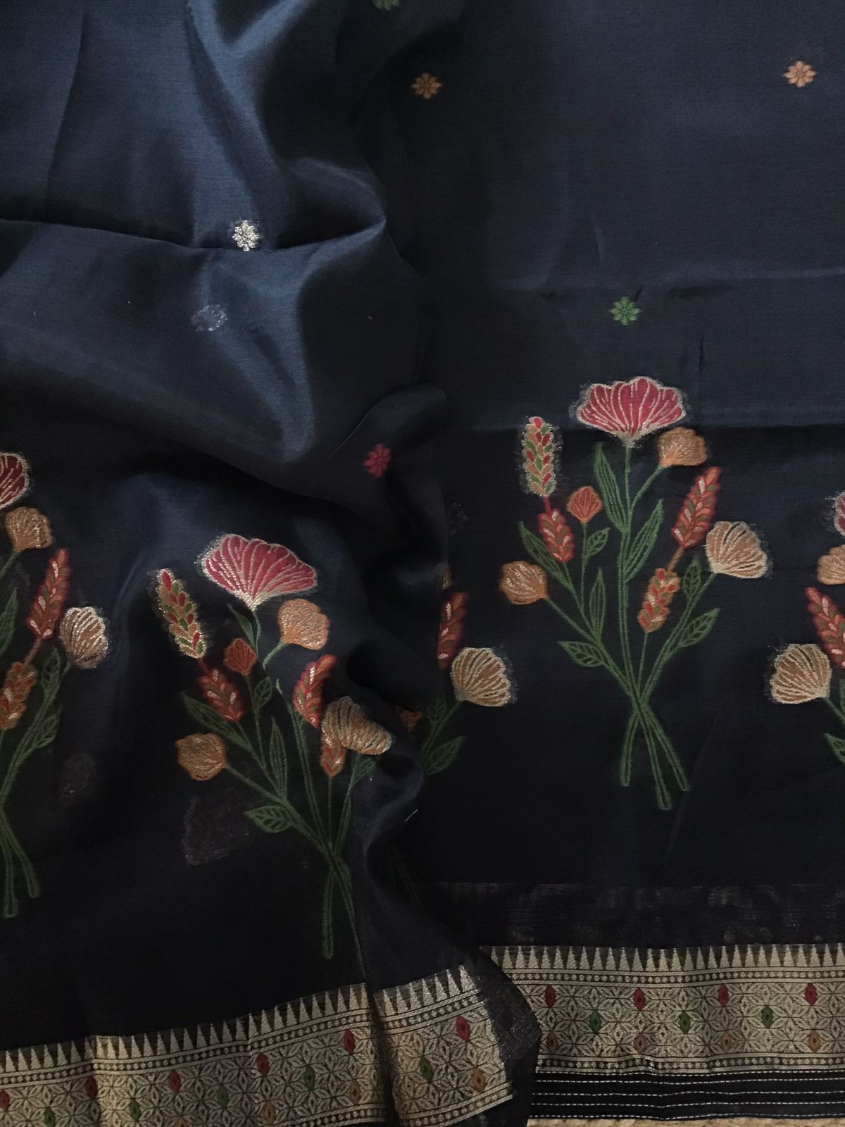 Soft Slub Chanderi Jamdani Weaved Suit - Black