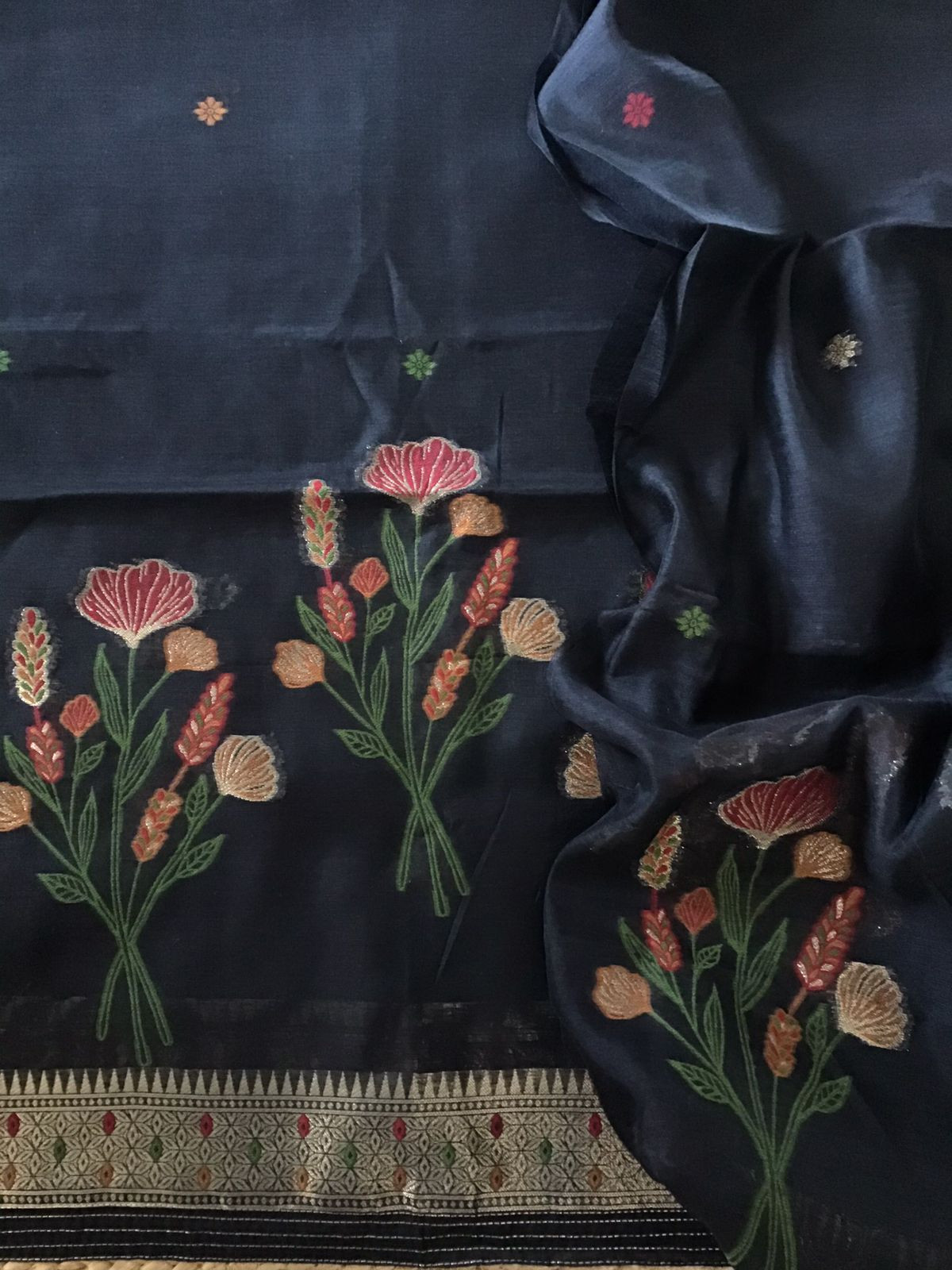 Soft Slub Chanderi Jamdani Weaved Suit - Black