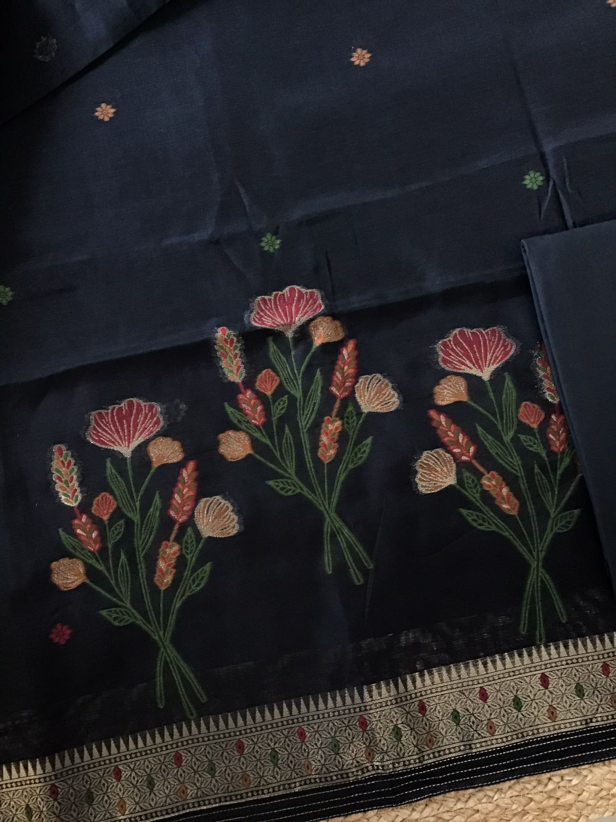 Soft Slub Chanderi Jamdani Weaved Suit - Black