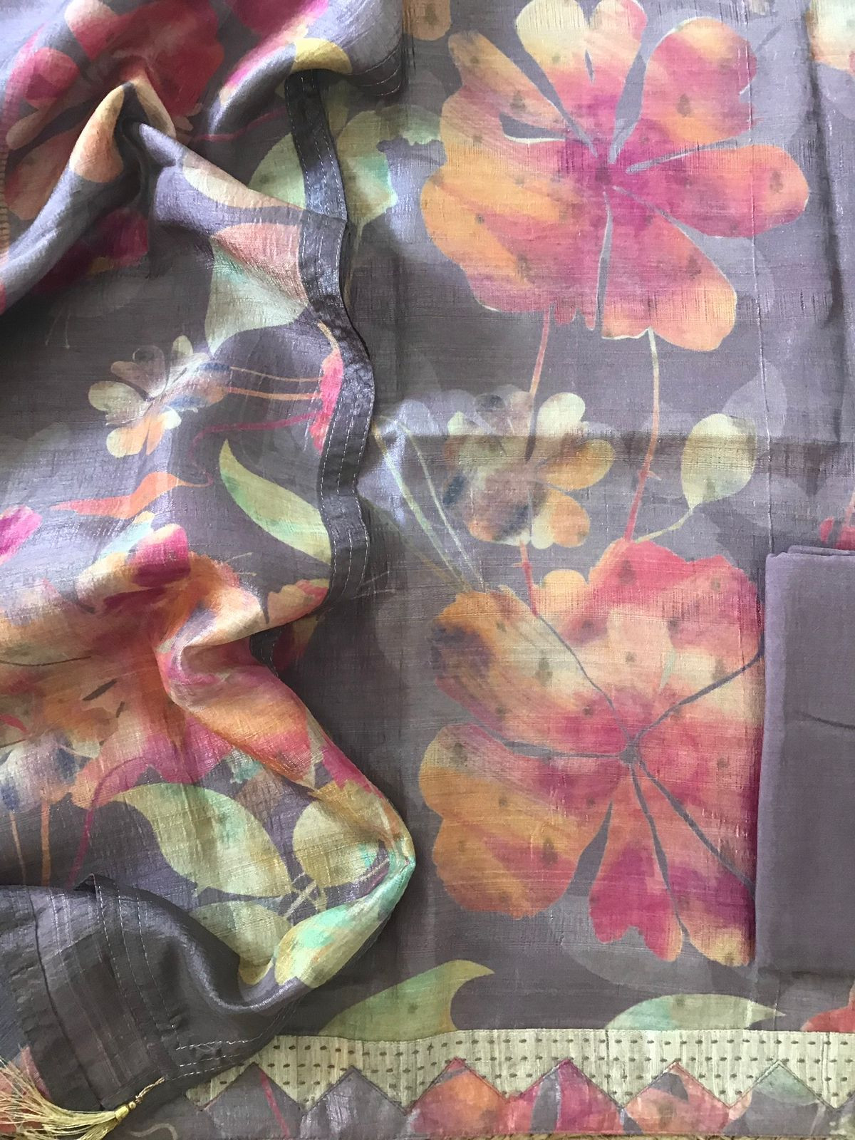 Soft Semi Tussar Printed Embroidered Border Suit - Mauve