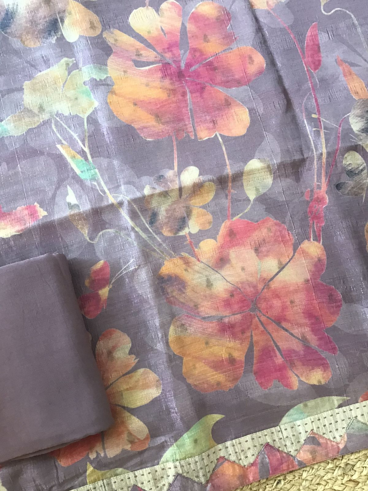 Soft Semi Tussar Printed Embroidered Border Suit - Mauve