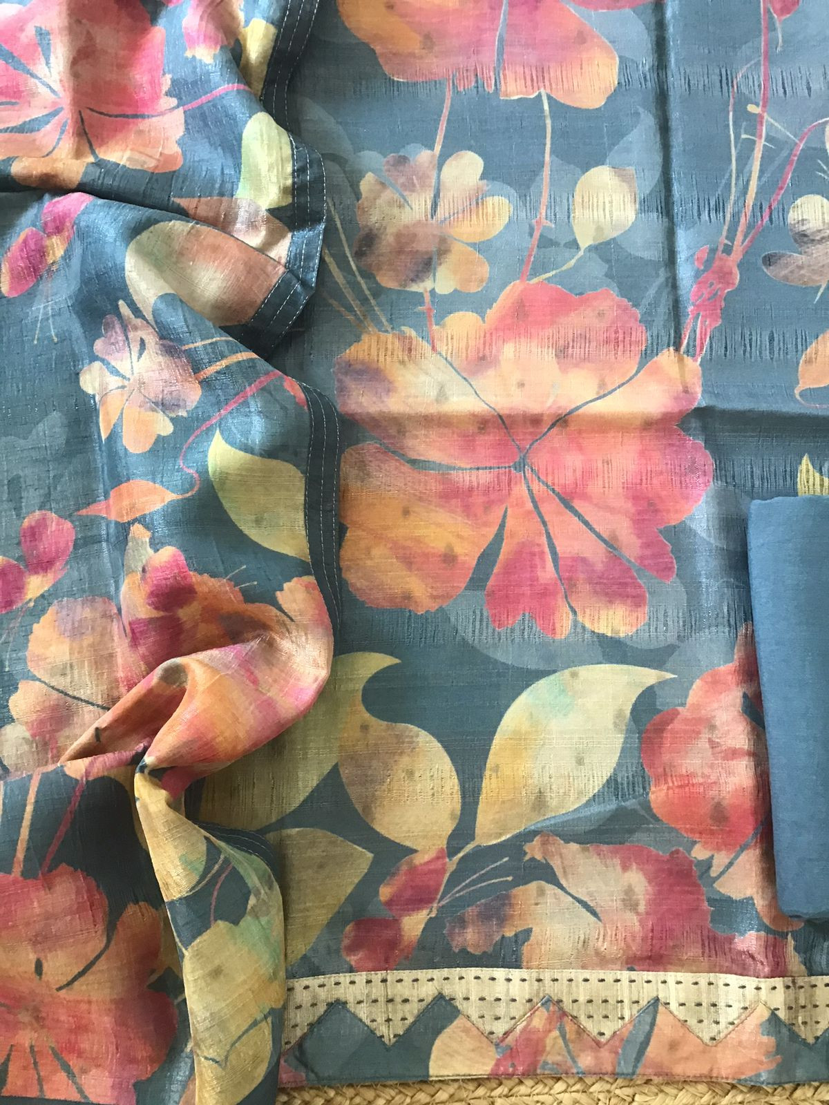 Soft Semi Tussar Printed Embroidered Border Suit - Blue