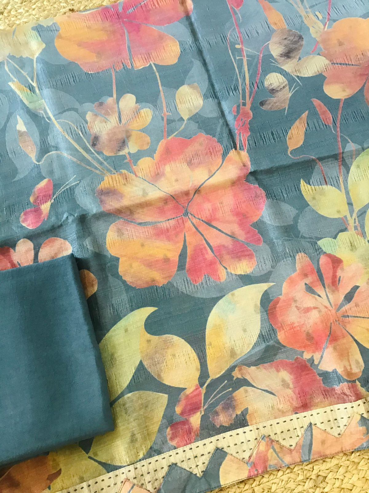 Soft Semi Tussar Printed Embroidered Border Suit - Blue