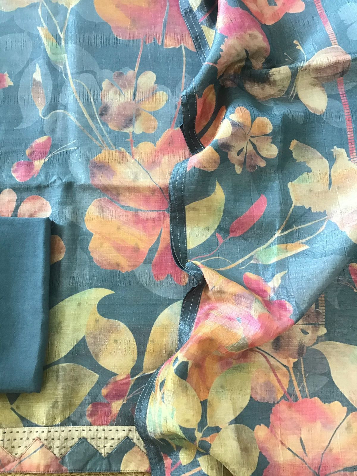 Soft Semi Tussar Printed Embroidered Border Suit - Blue