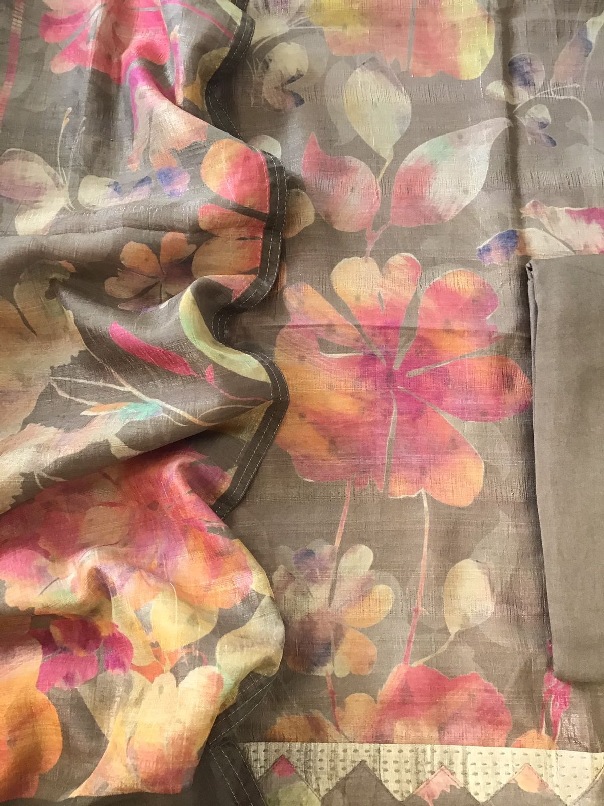 Soft Semi Tussar Printed Embroidered Border Suit - Brown