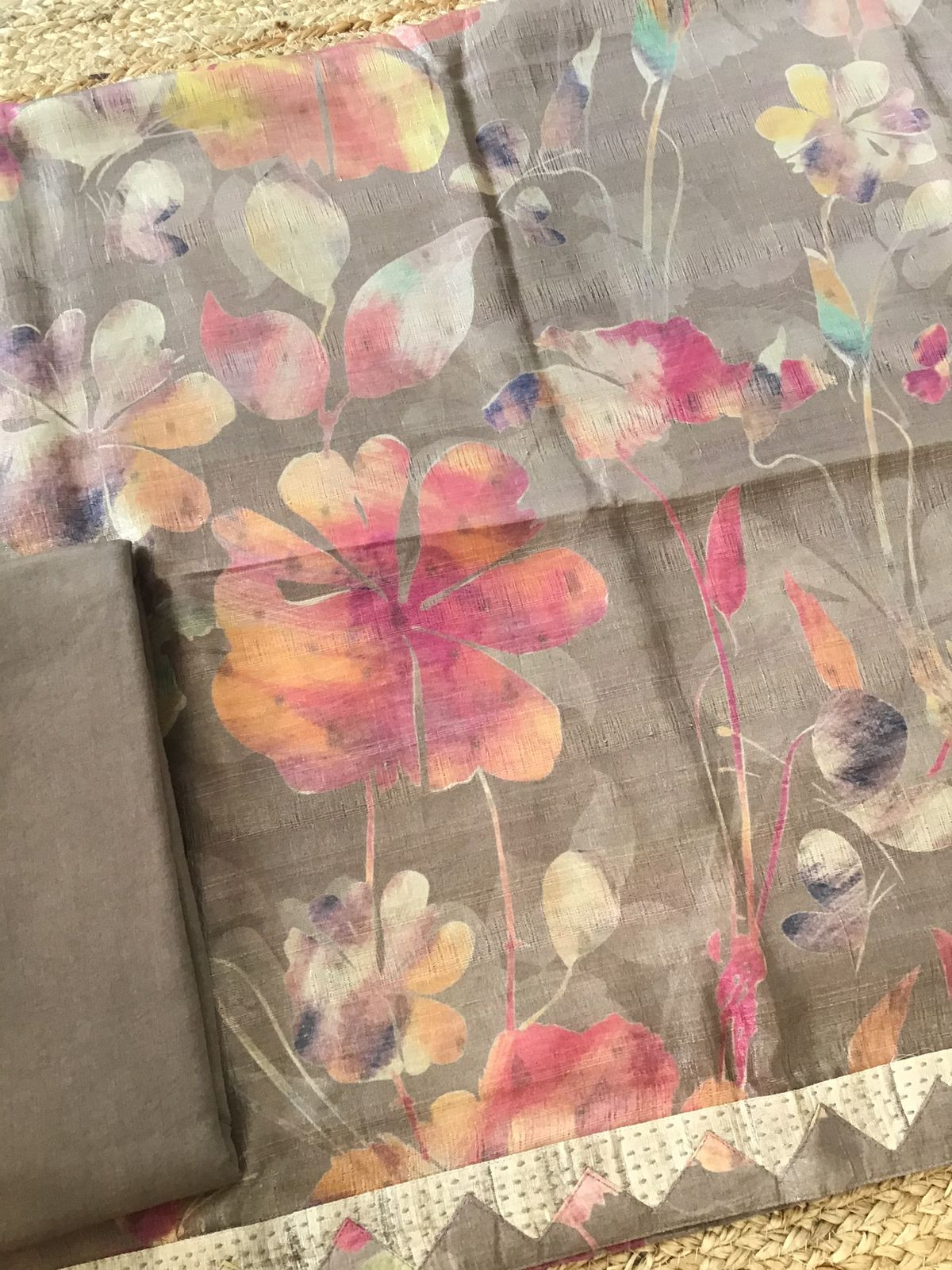 Soft Semi Tussar Printed Embroidered Border Suit - Brown