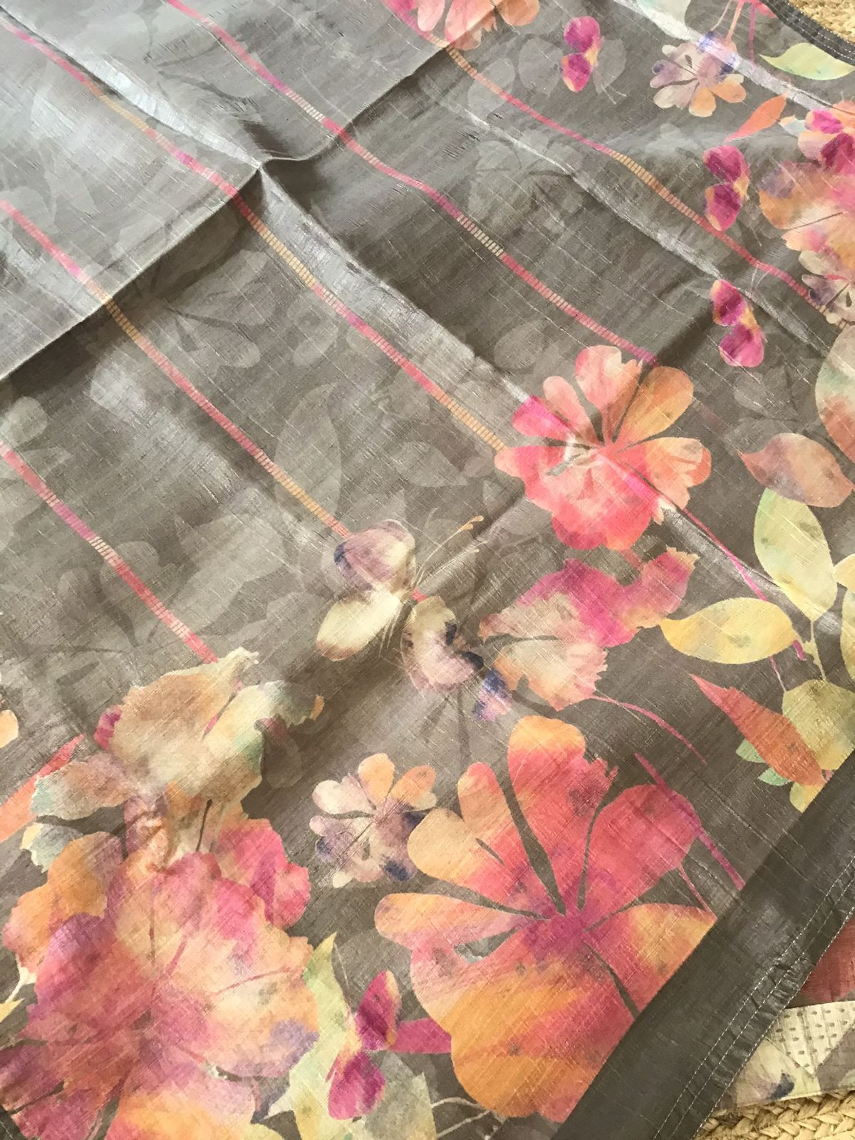 Soft Semi Tussar Printed Embroidered Border Suit - Brown