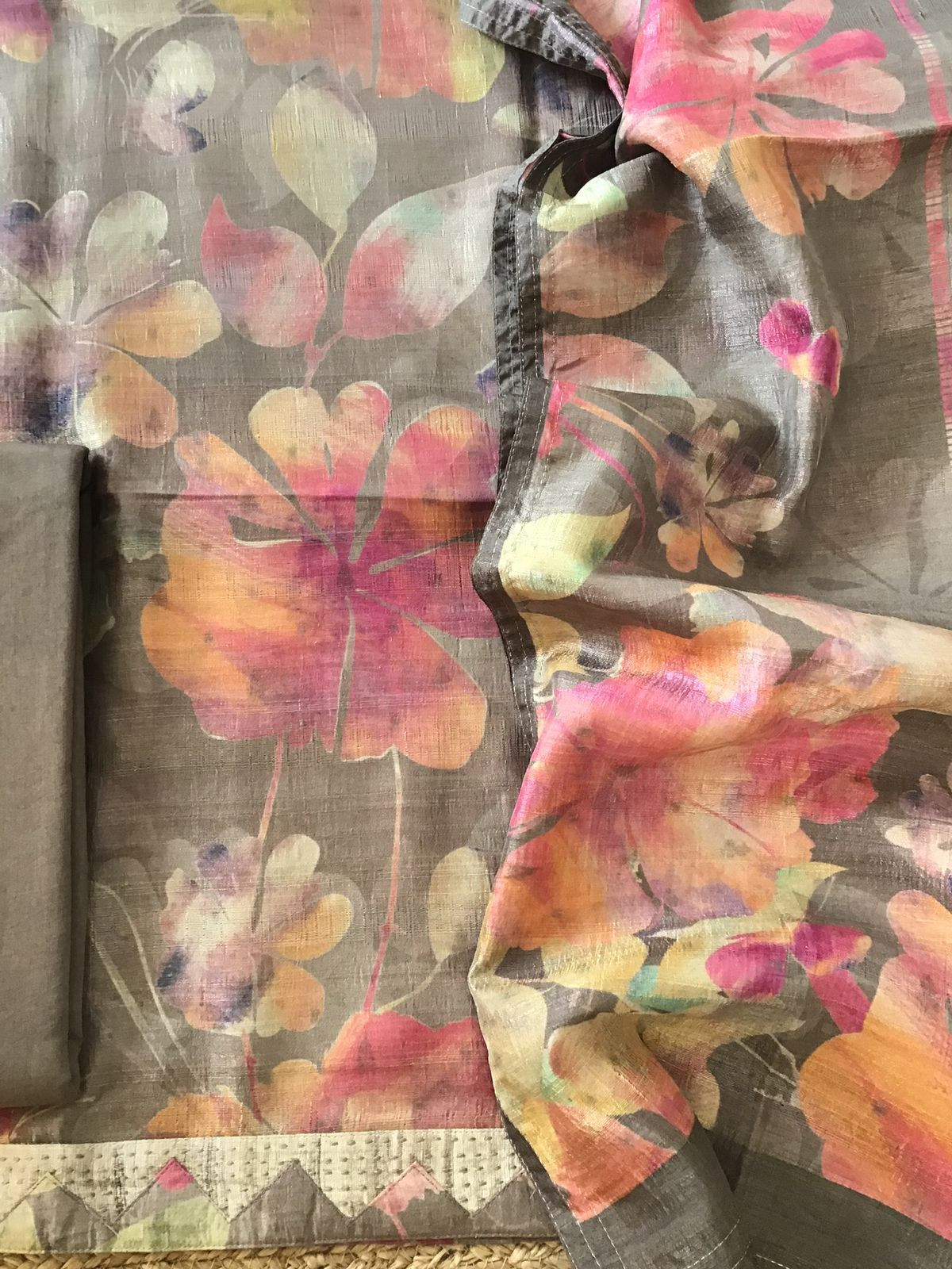 Soft Semi Tussar Printed Embroidered Border Suit - Brown