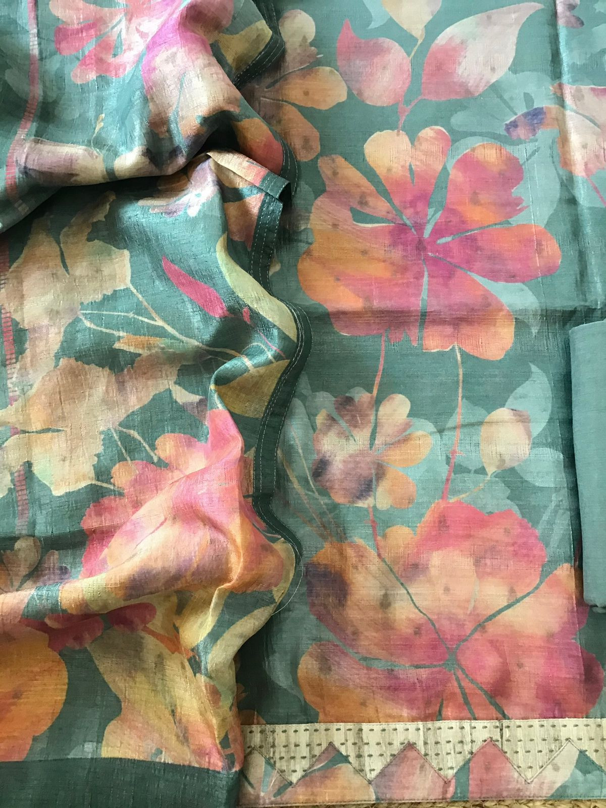 Soft Semi Tussar Printed Embroidered Border Suit - Green