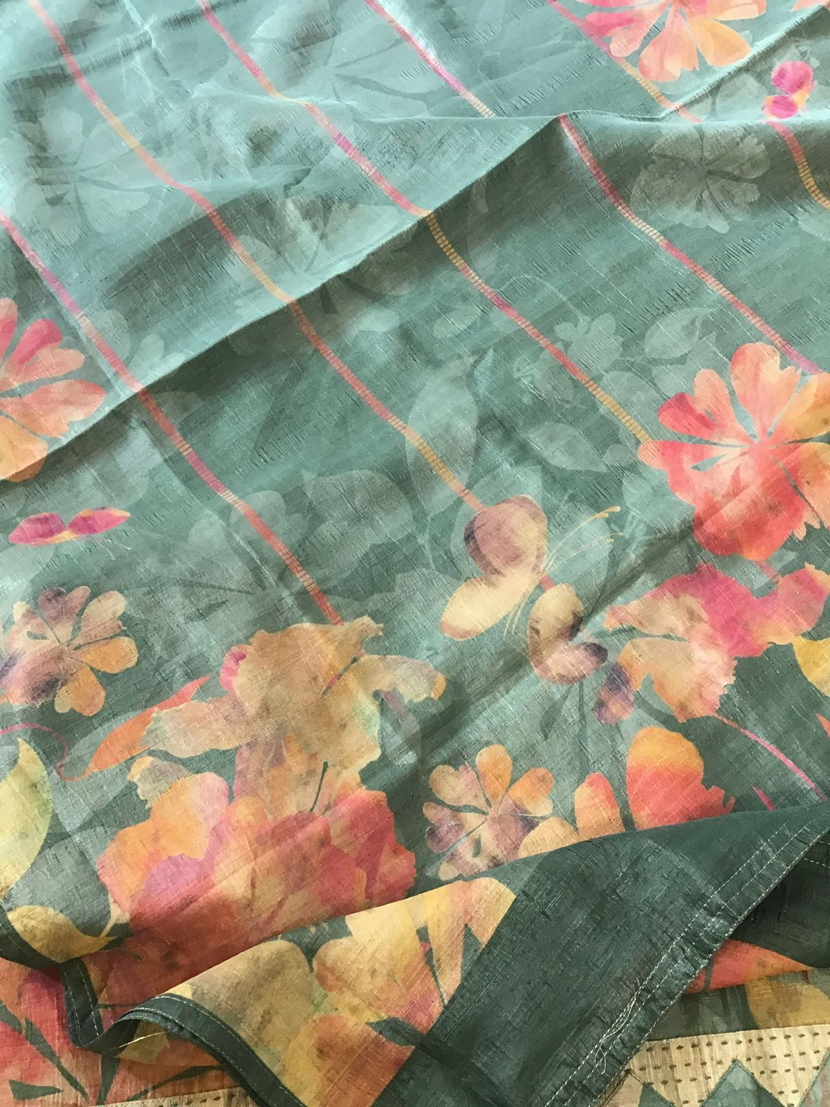 Soft Semi Tussar Printed Embroidered Border Suit - Green