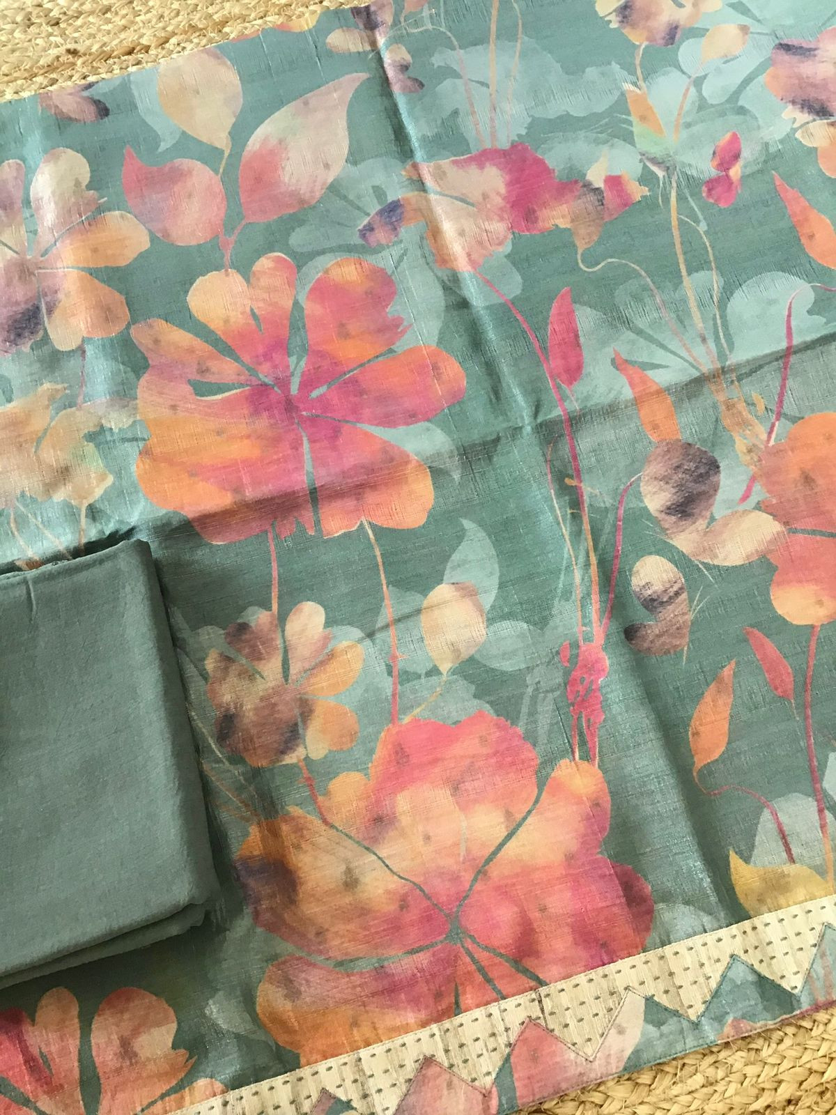 Soft Semi Tussar Printed Embroidered Border Suit - Green