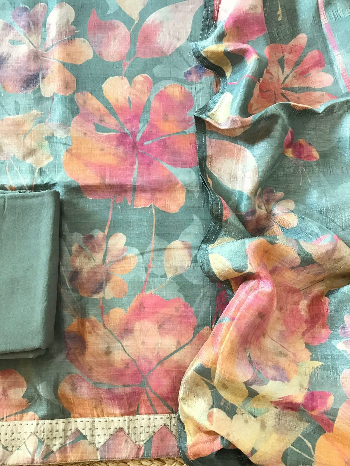 Soft Semi Tussar Printed Embroidered Border Suit - Green