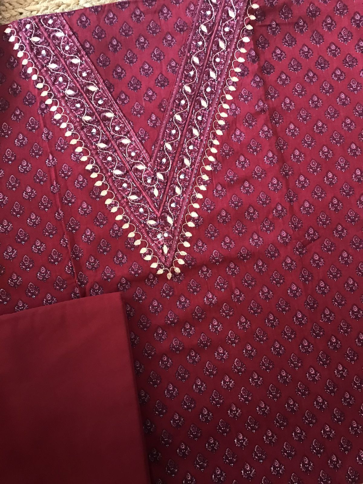 Pure Cotton Printed Embroidered Suit - Maroon