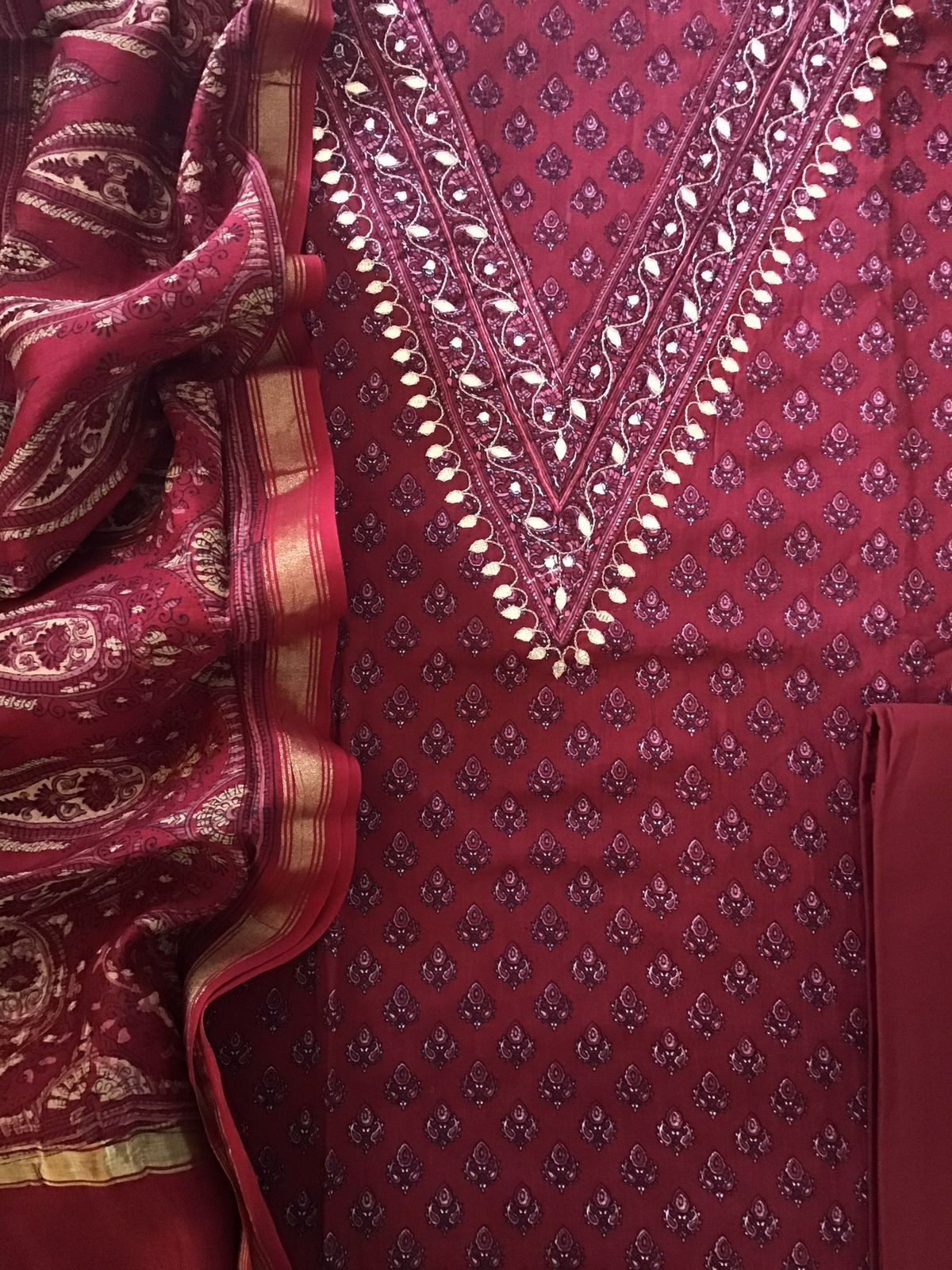 Pure Cotton Printed Embroidered Suit - Maroon