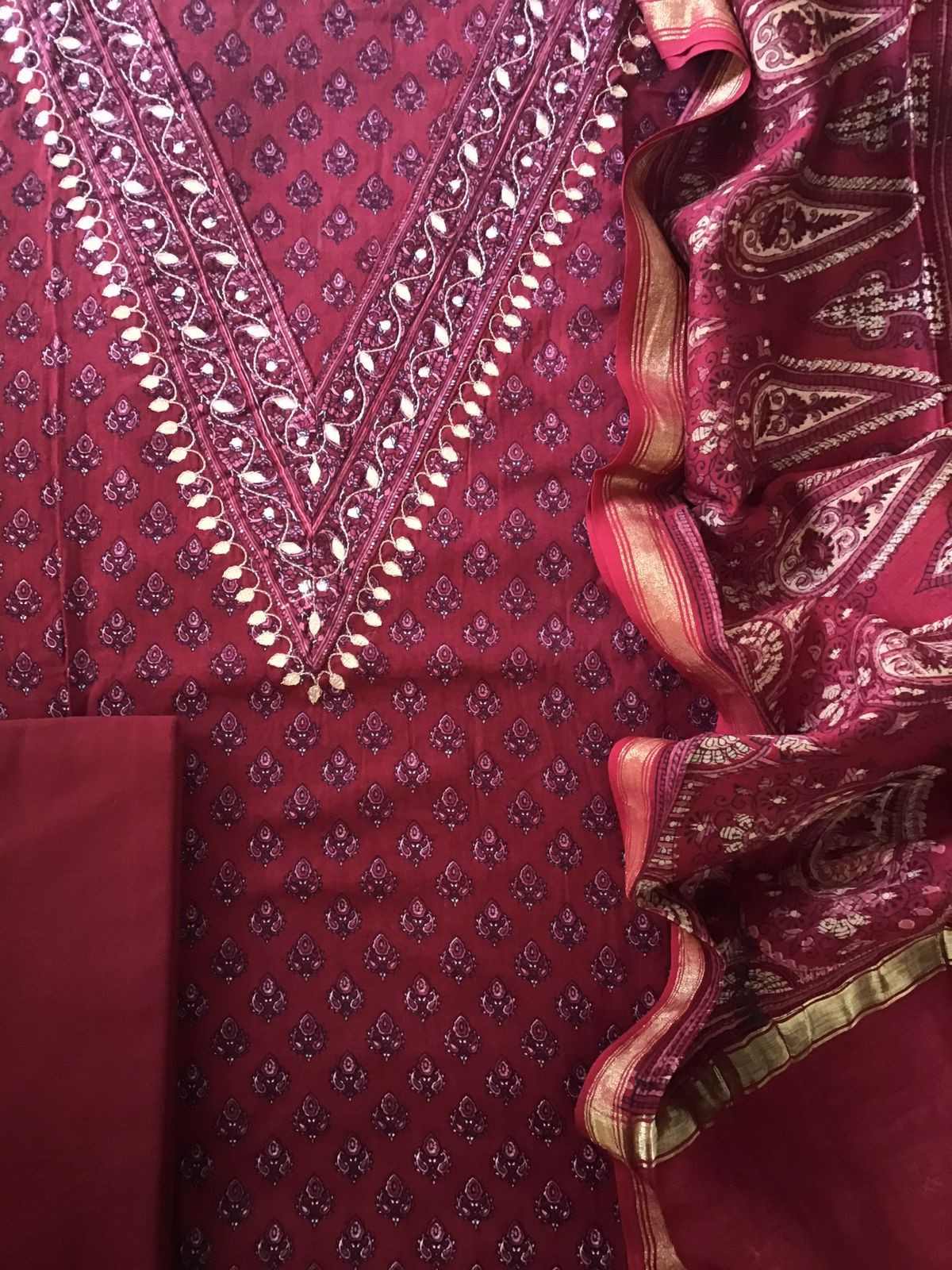 Pure Cotton Printed Embroidered Suit - Maroon