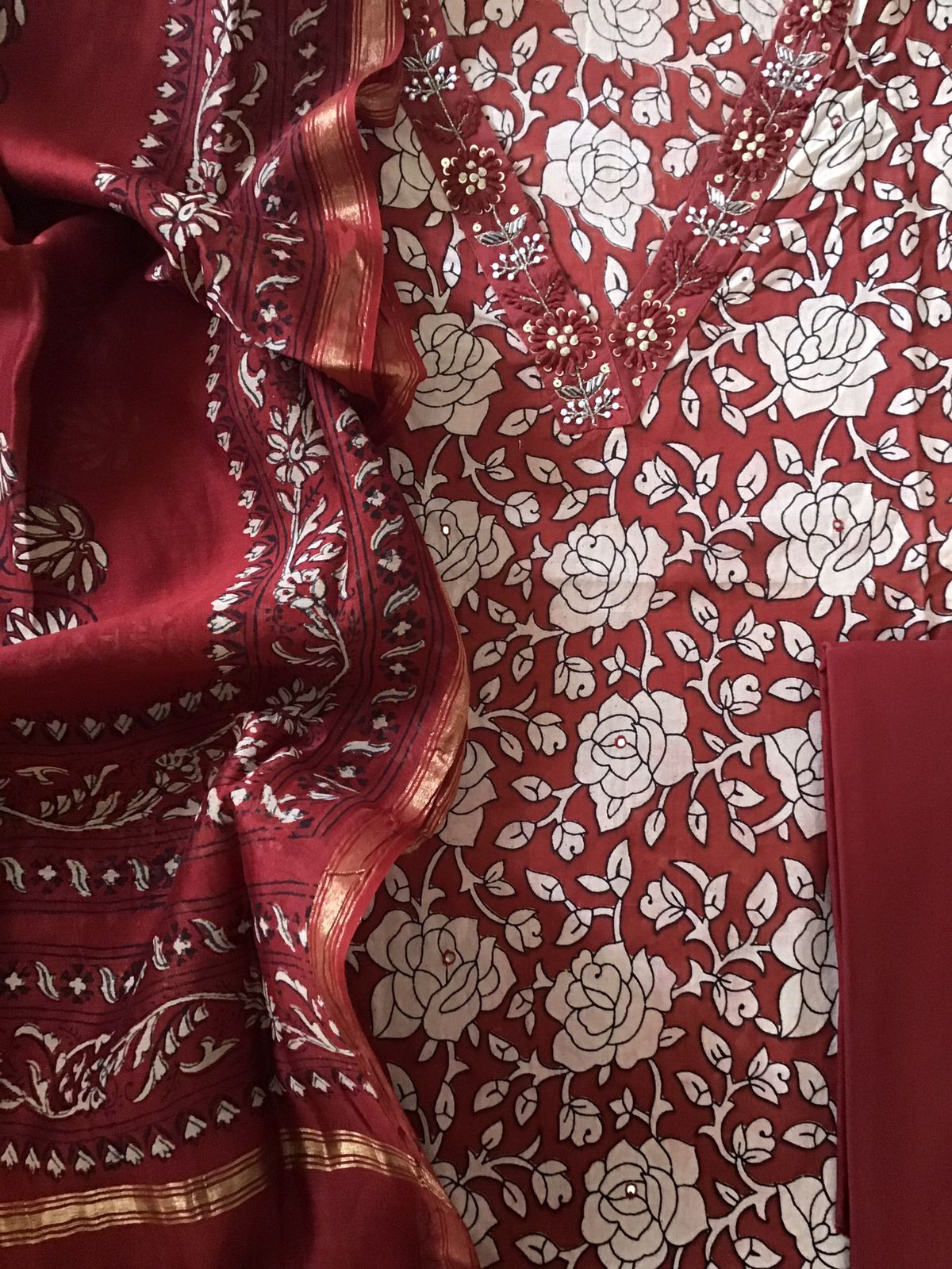 Pure Cotton Printed Embroidered Suit - Maroon