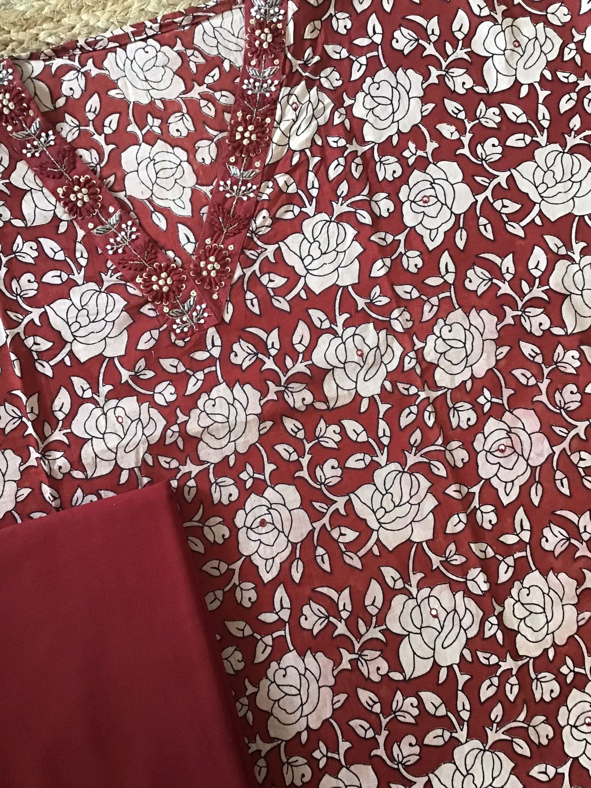 Pure Cotton Printed Embroidered Suit - Maroon