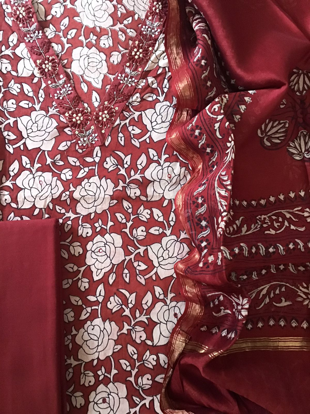 Pure Cotton Printed Embroidered Suit - Maroon