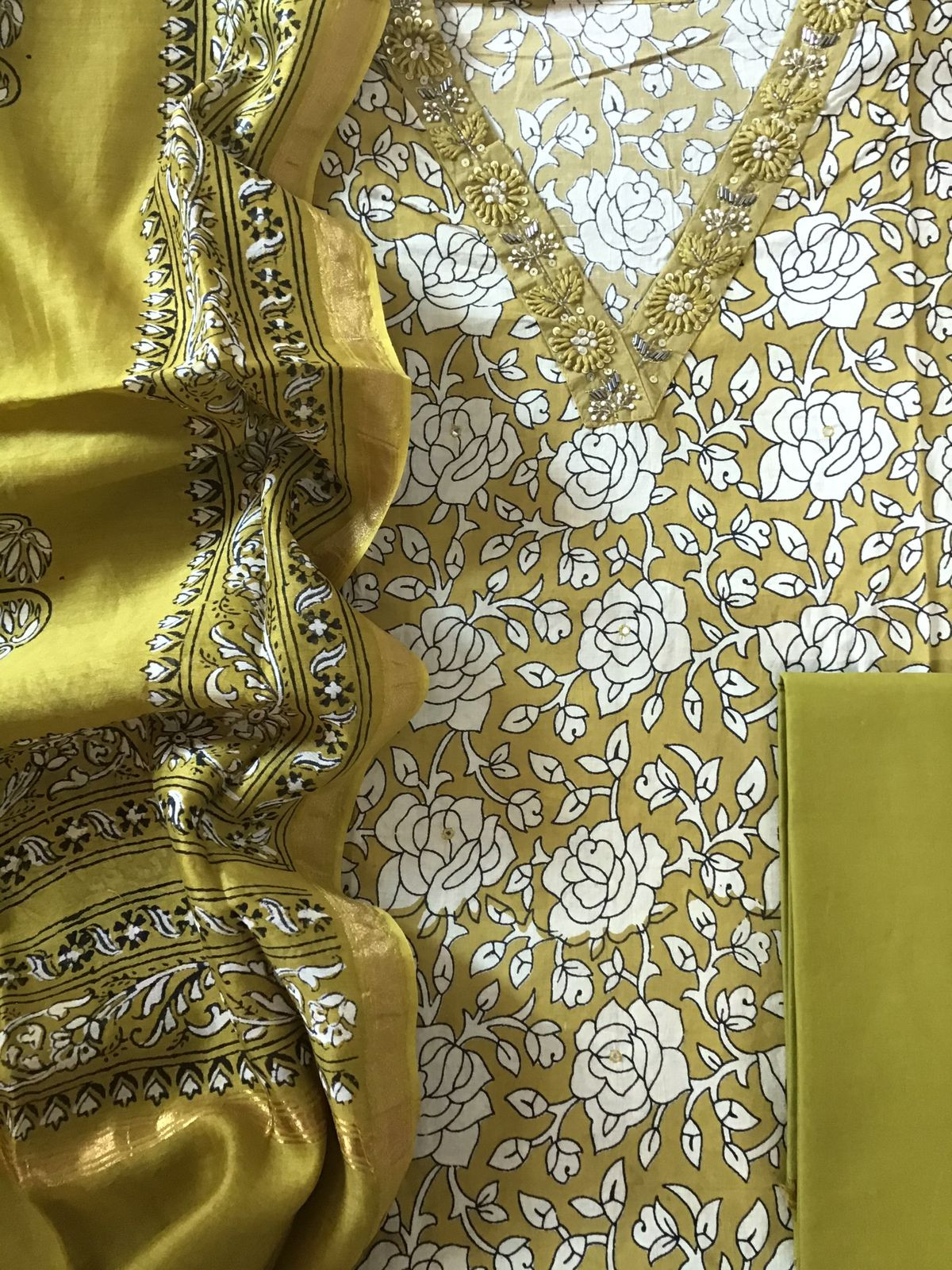 Pure Cotton Printed Embroidered Suit - Yellow