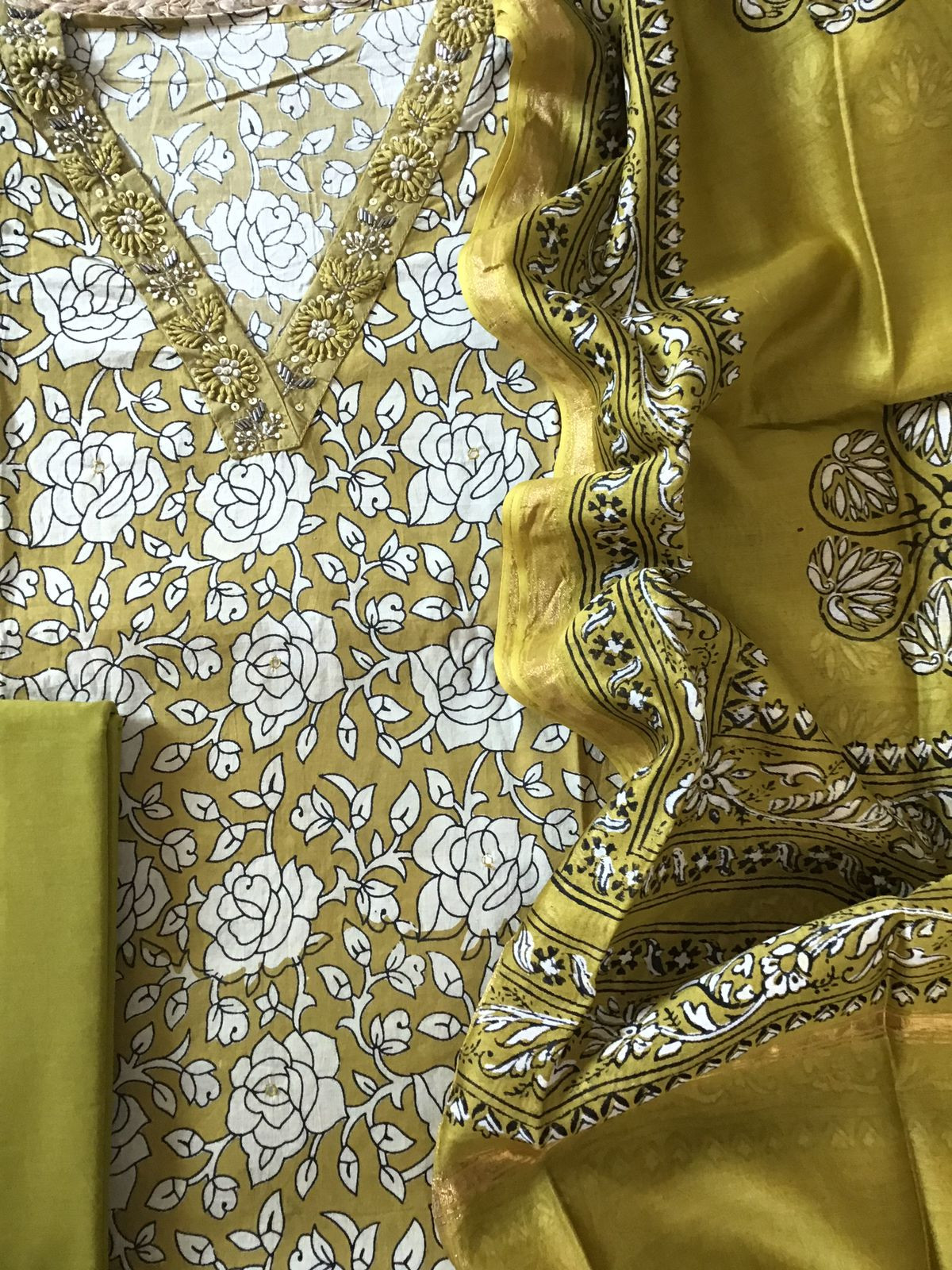 Pure Cotton Printed Embroidered Suit - Yellow