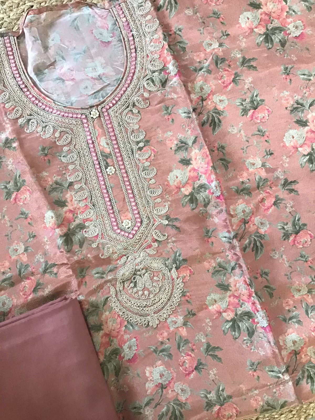 Soft Tissue Chanderi Printed Embroidered Suit - Peach