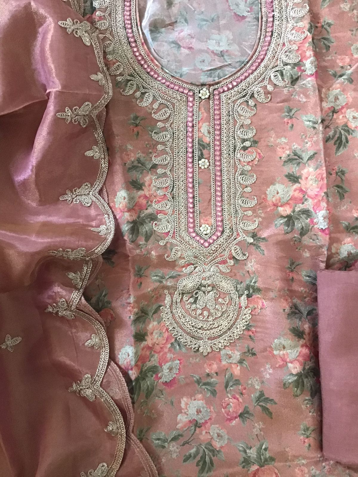 Soft Tissue Chanderi Printed Embroidered Suit - Peach