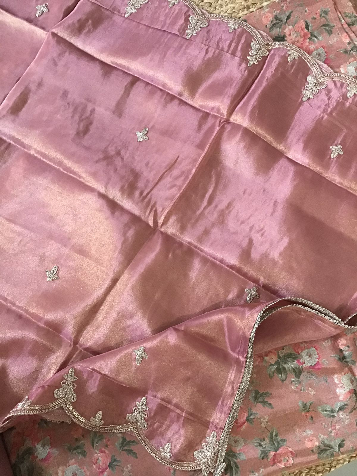 Soft Tissue Chanderi Printed Embroidered Suit - Peach