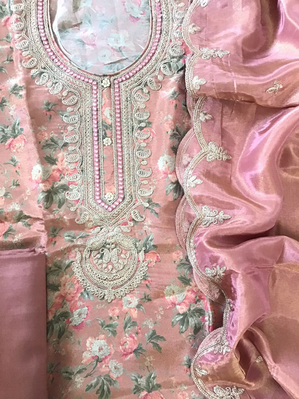 Soft Tissue Chanderi Printed Embroidered Suit - Peach