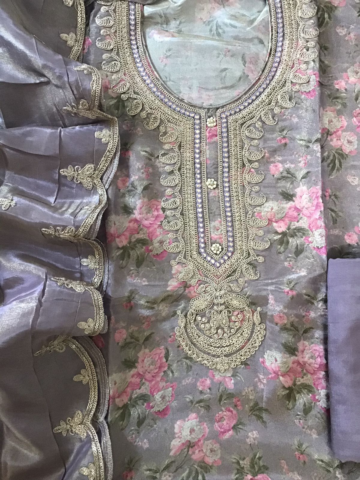 Soft Tissue Chanderi Printed Embroidered Suit - Lavender