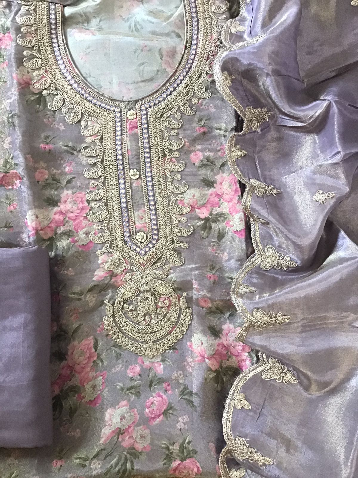 Soft Tissue Chanderi Printed Embroidered Suit - Lavender