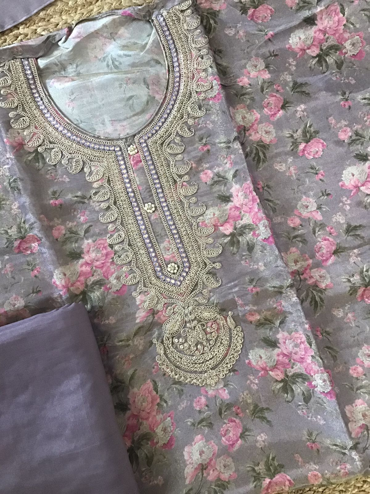 Soft Tissue Chanderi Printed Embroidered Suit - Lavender