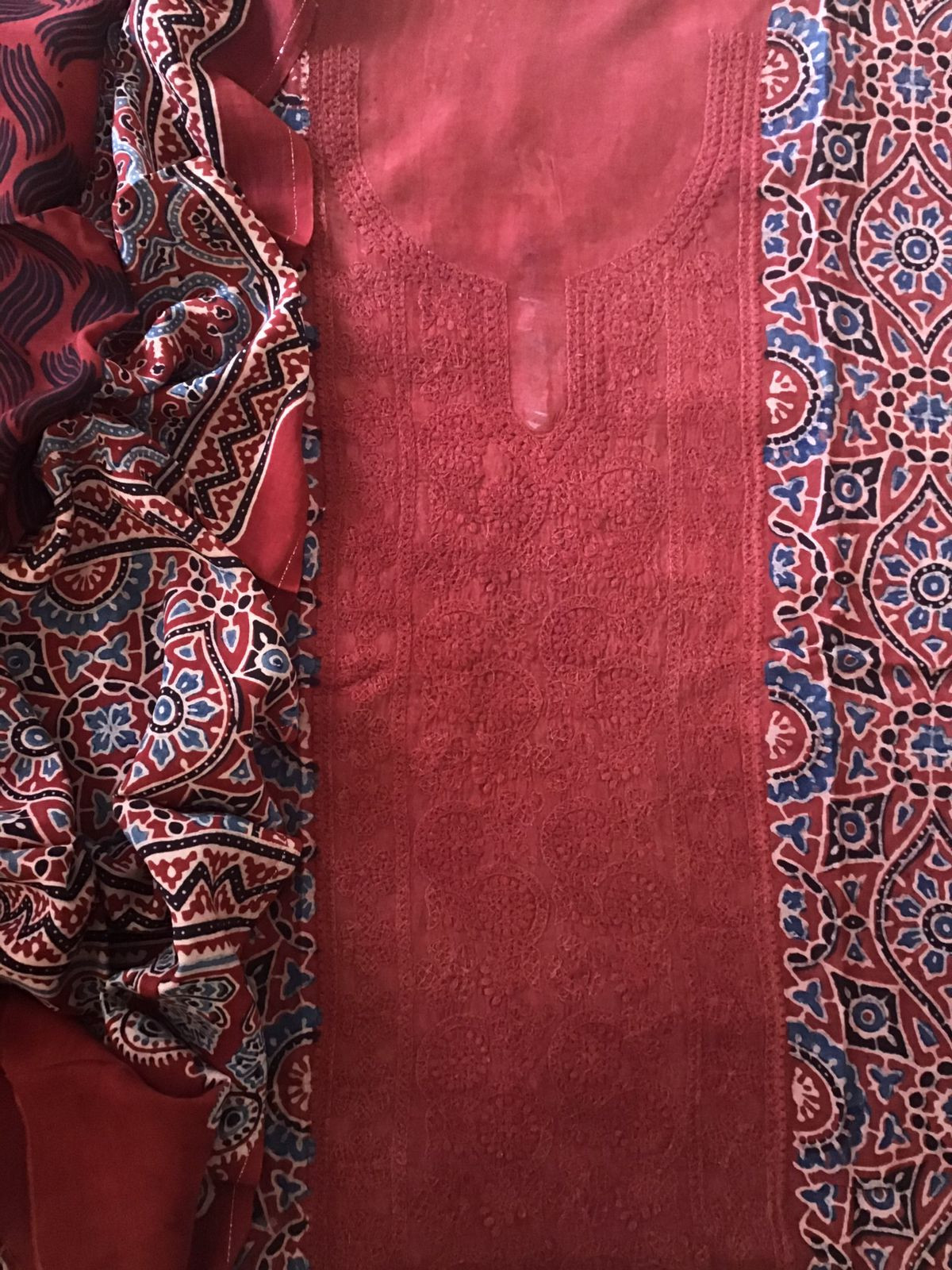 Pure Fine Muslin Silk Ajrakh Printed Embroidered Suit - Dark Red