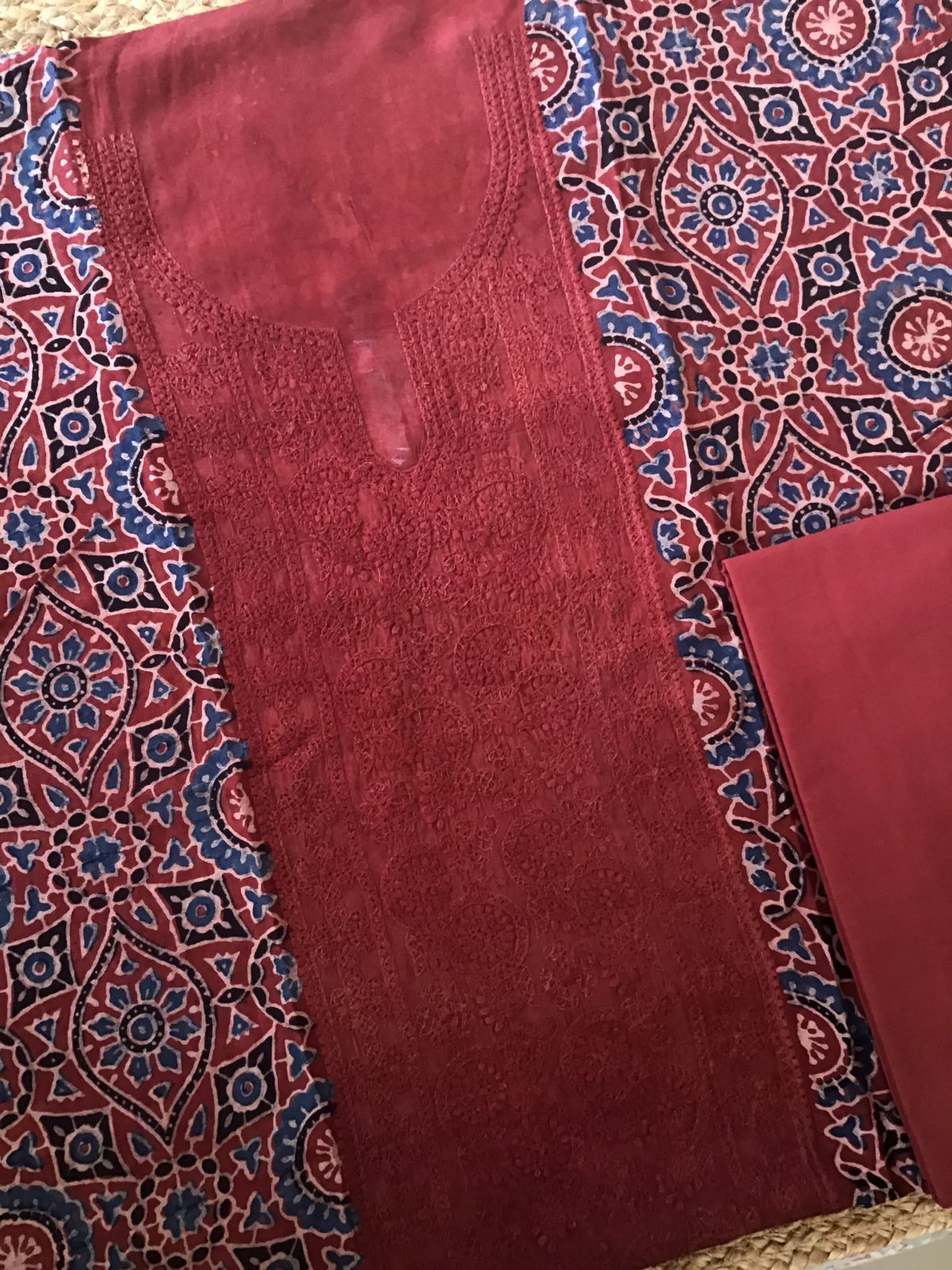 Pure Fine Muslin Silk Ajrakh Printed Embroidered Suit - Dark Red