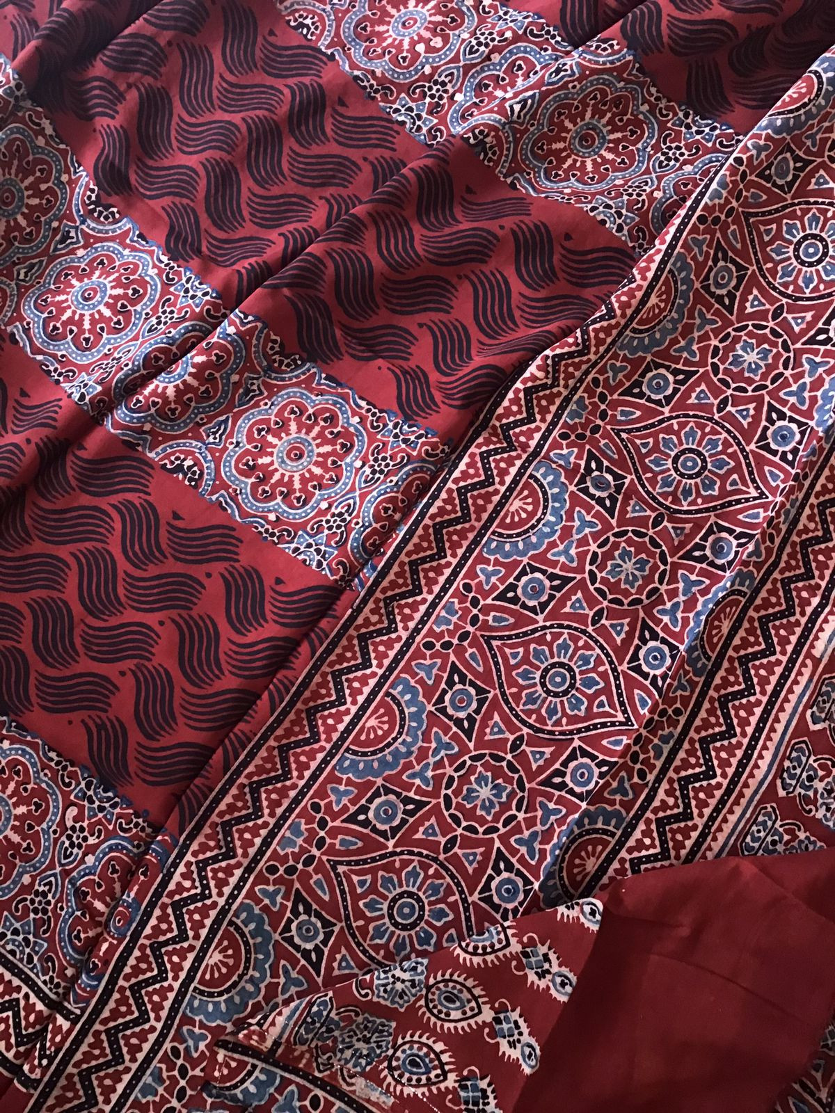 Pure Fine Muslin Silk Ajrakh Printed Embroidered Suit - Dark Red