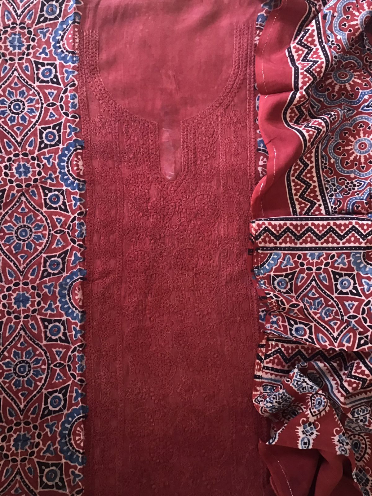 Pure Fine Muslin Silk Ajrakh Printed Embroidered Suit - Dark Red