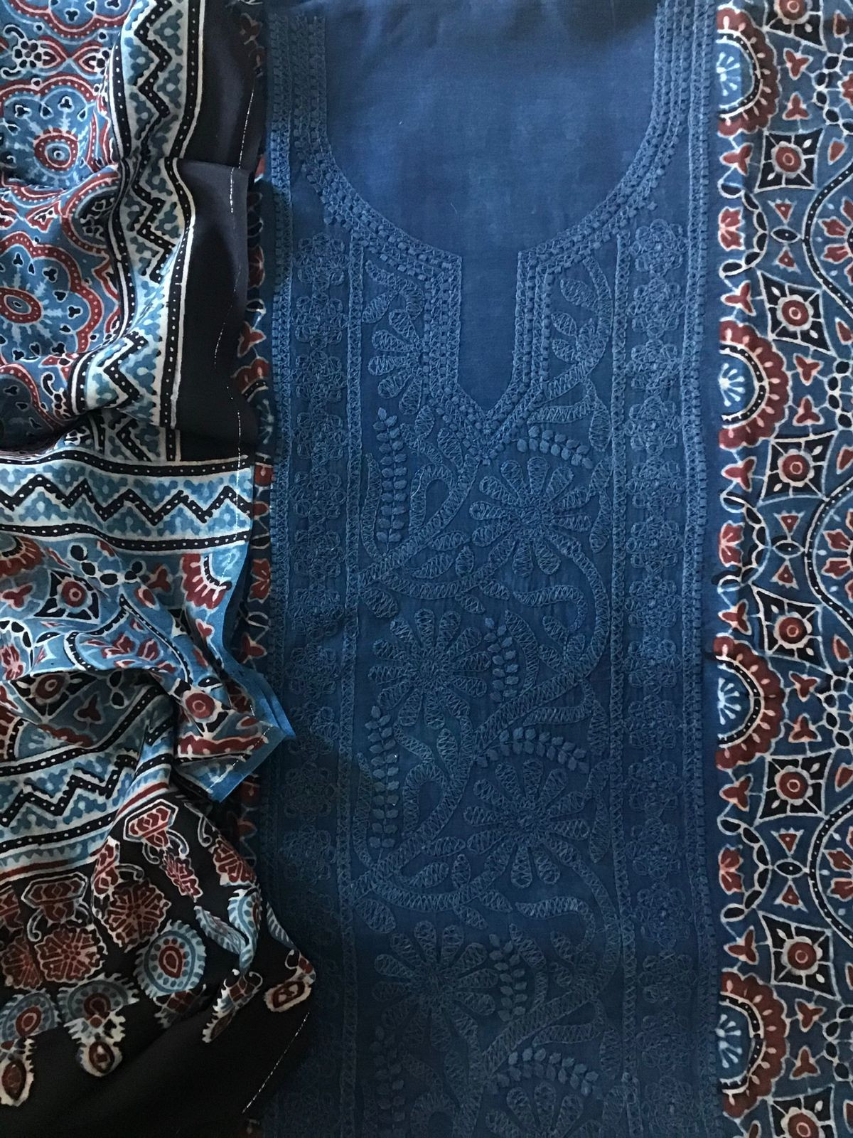 Pure Fine Muslin Silk Ajrakh Printed Embroidered Suit - Blue