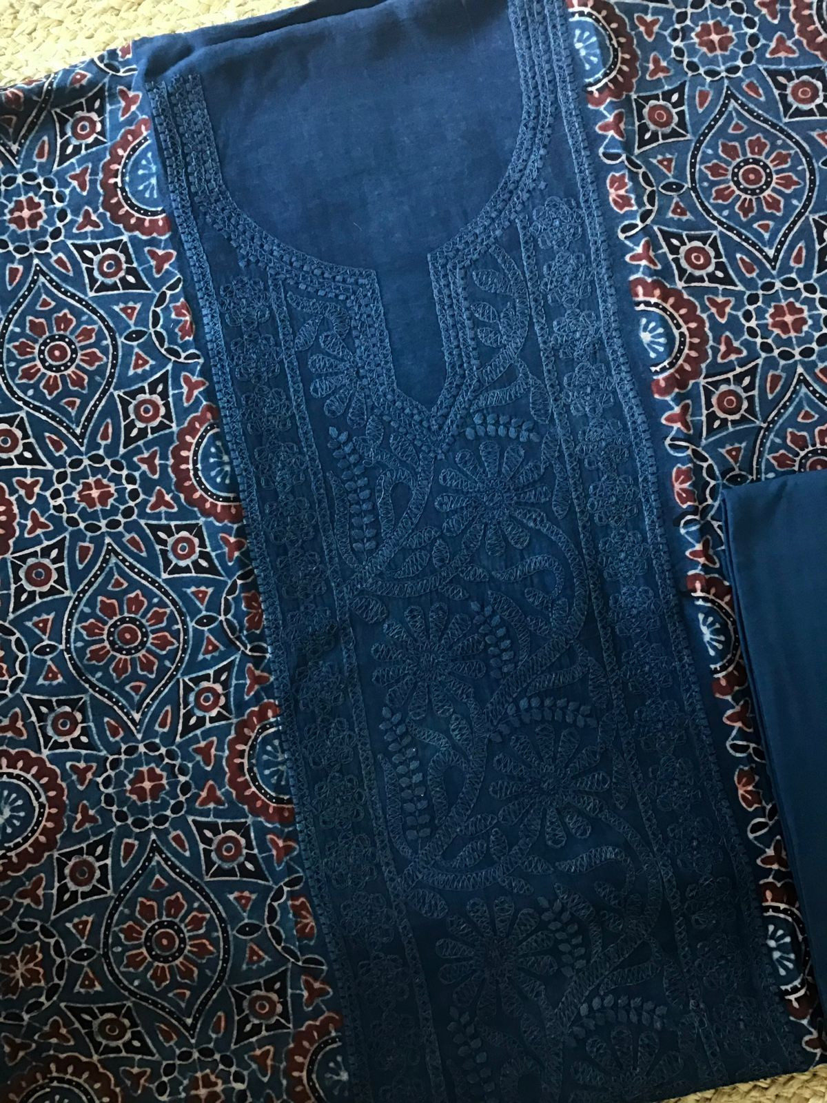 Pure Fine Muslin Silk Ajrakh Printed Embroidered Suit - Blue