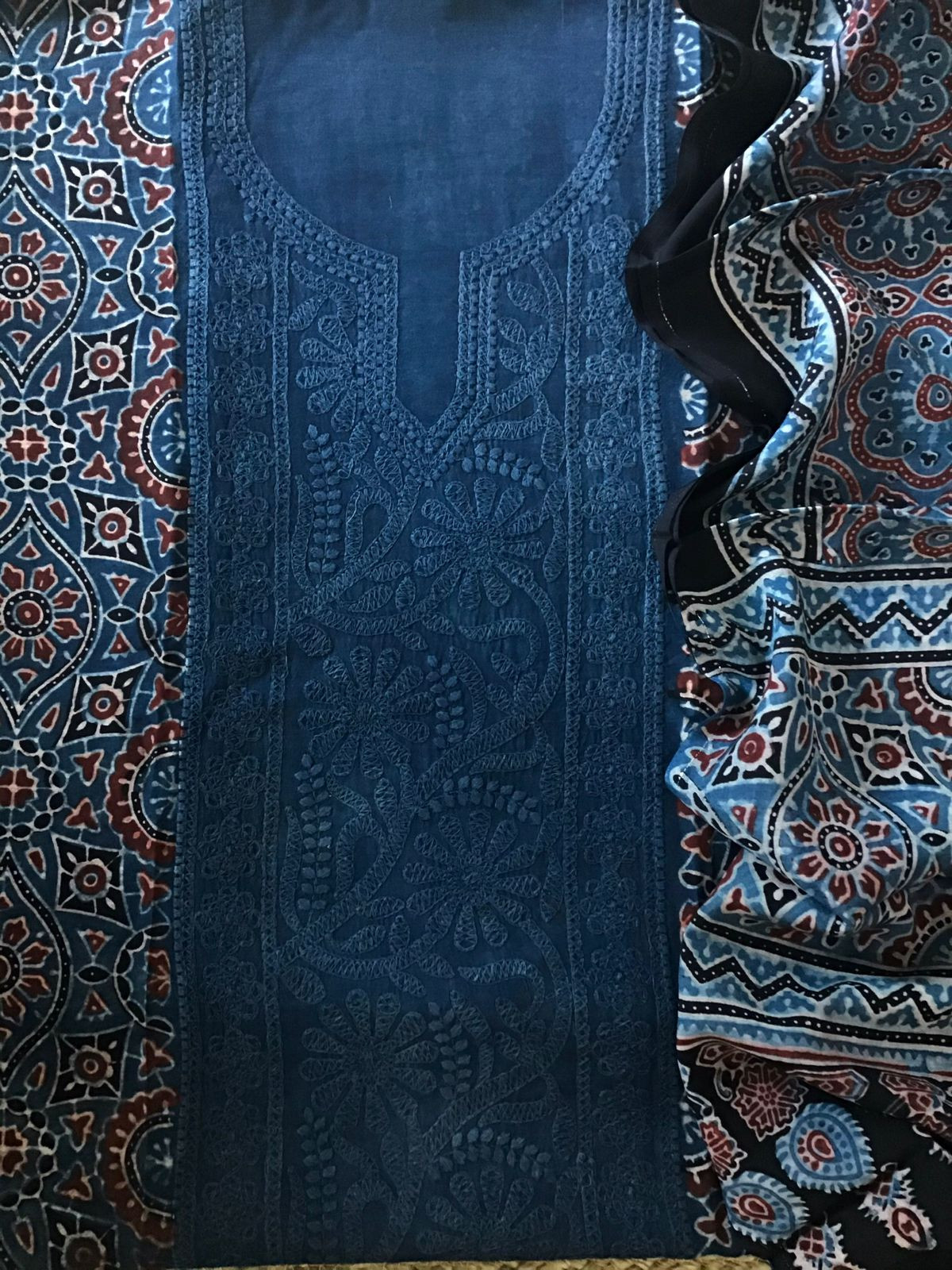 Pure Fine Muslin Silk Ajrakh Printed Embroidered Suit - Blue