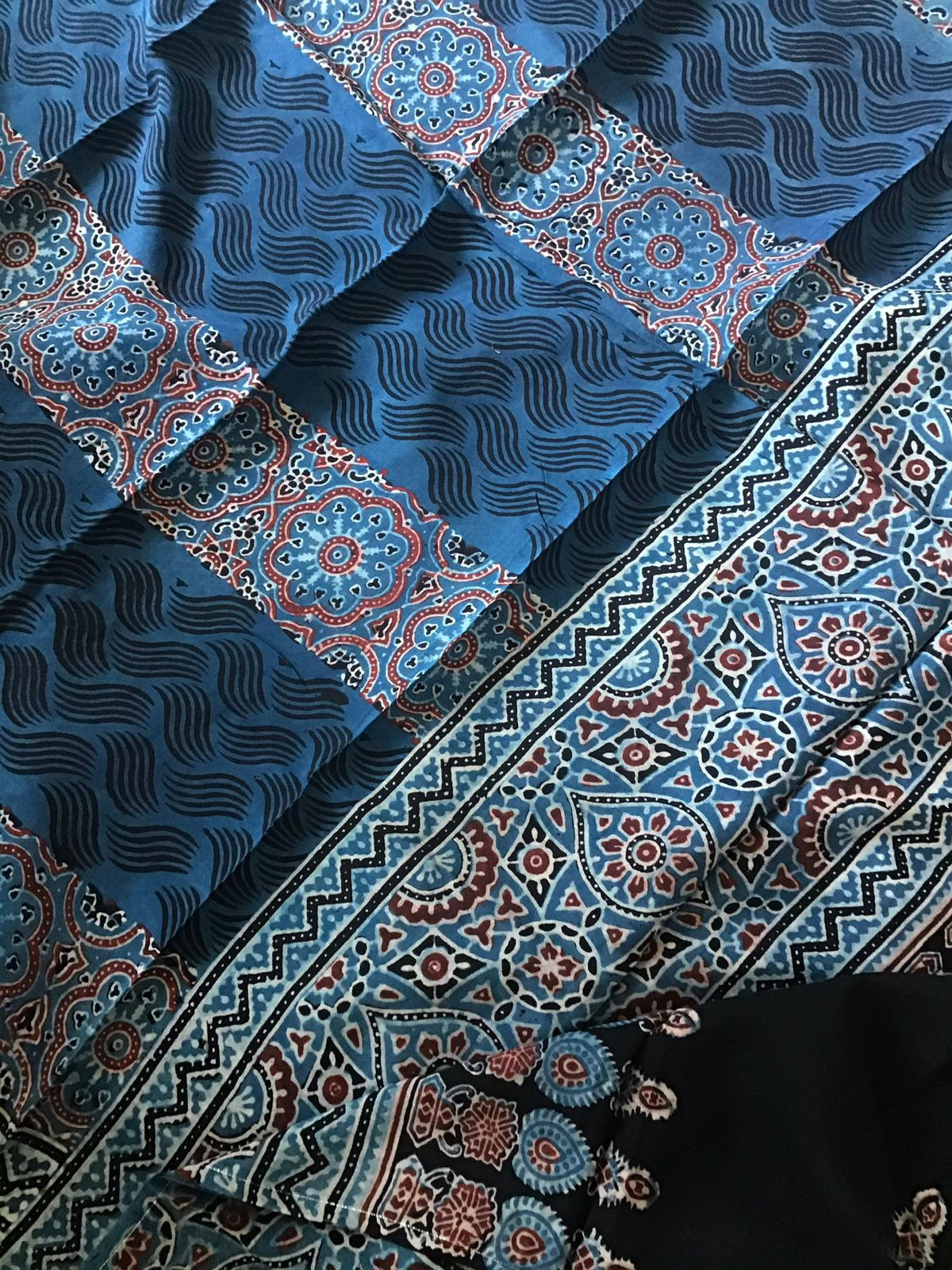 Pure Fine Muslin Silk Ajrakh Printed Embroidered Suit - Blue