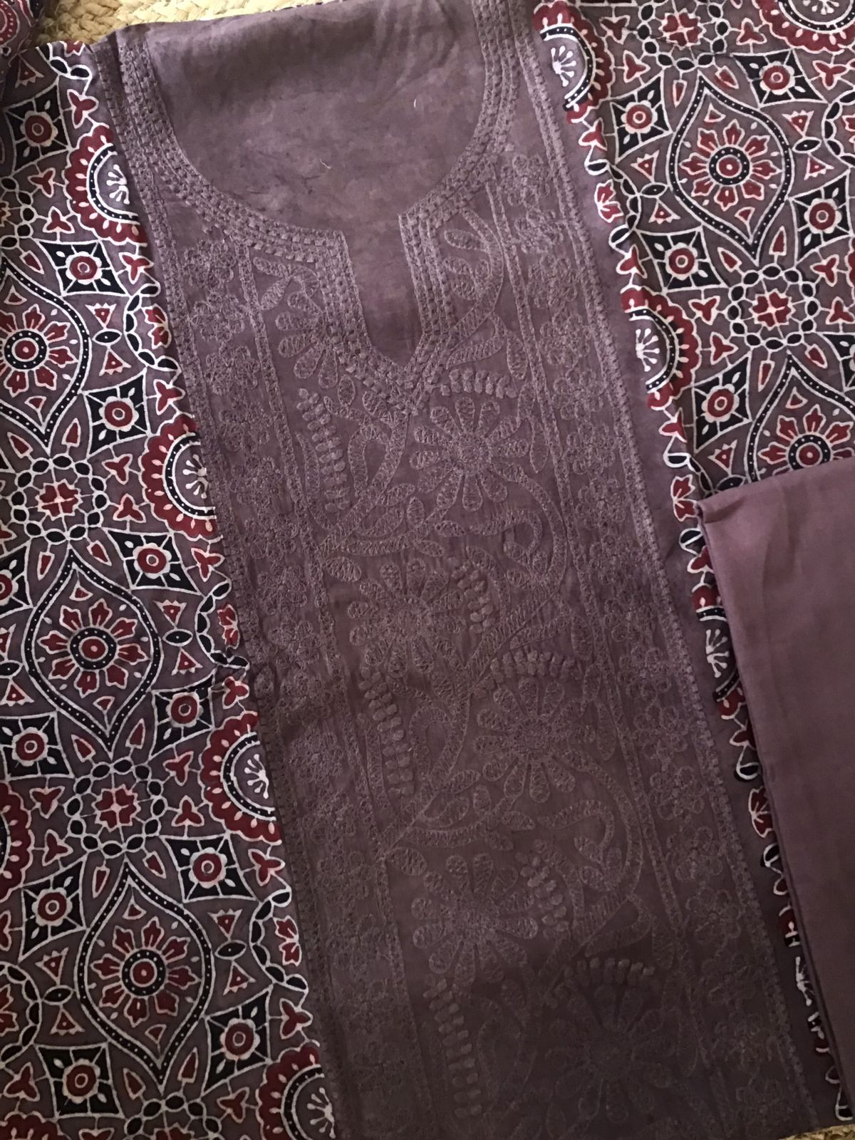 Pure Fine Muslin Silk Ajrakh Printed Embroidered Suit - Brown