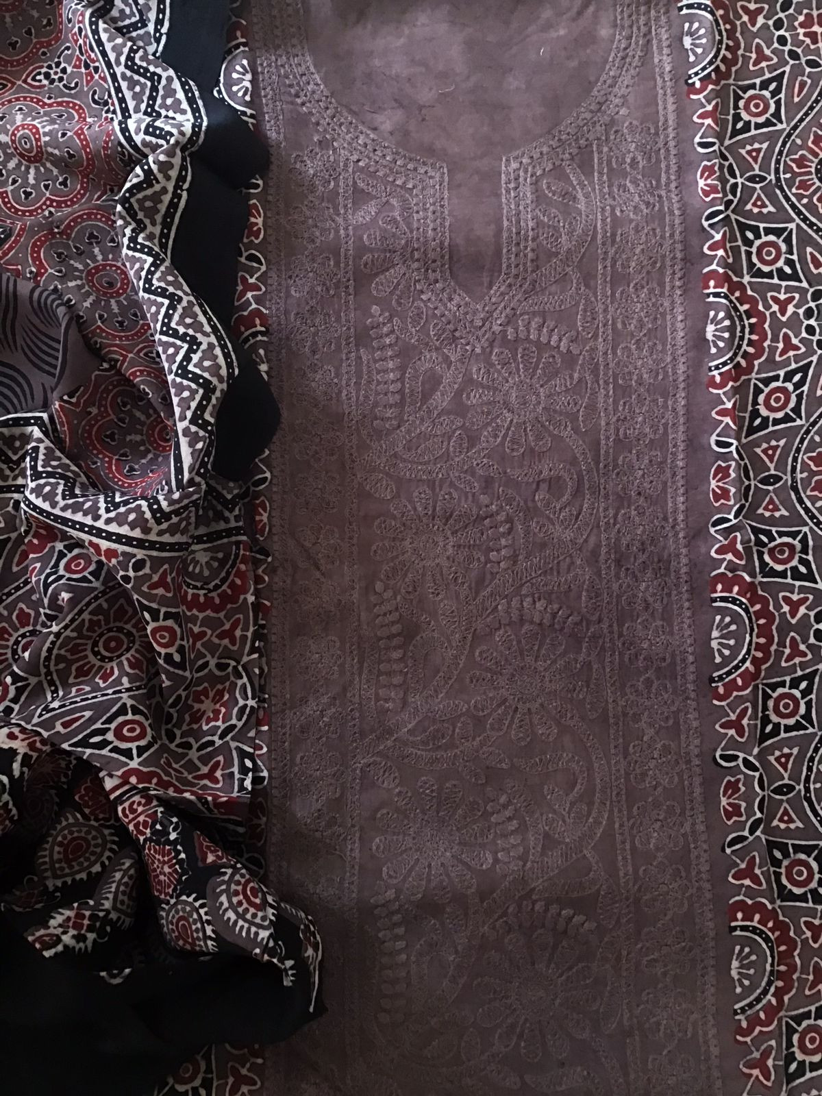 Pure Fine Muslin Silk Ajrakh Printed Embroidered Suit - Brown