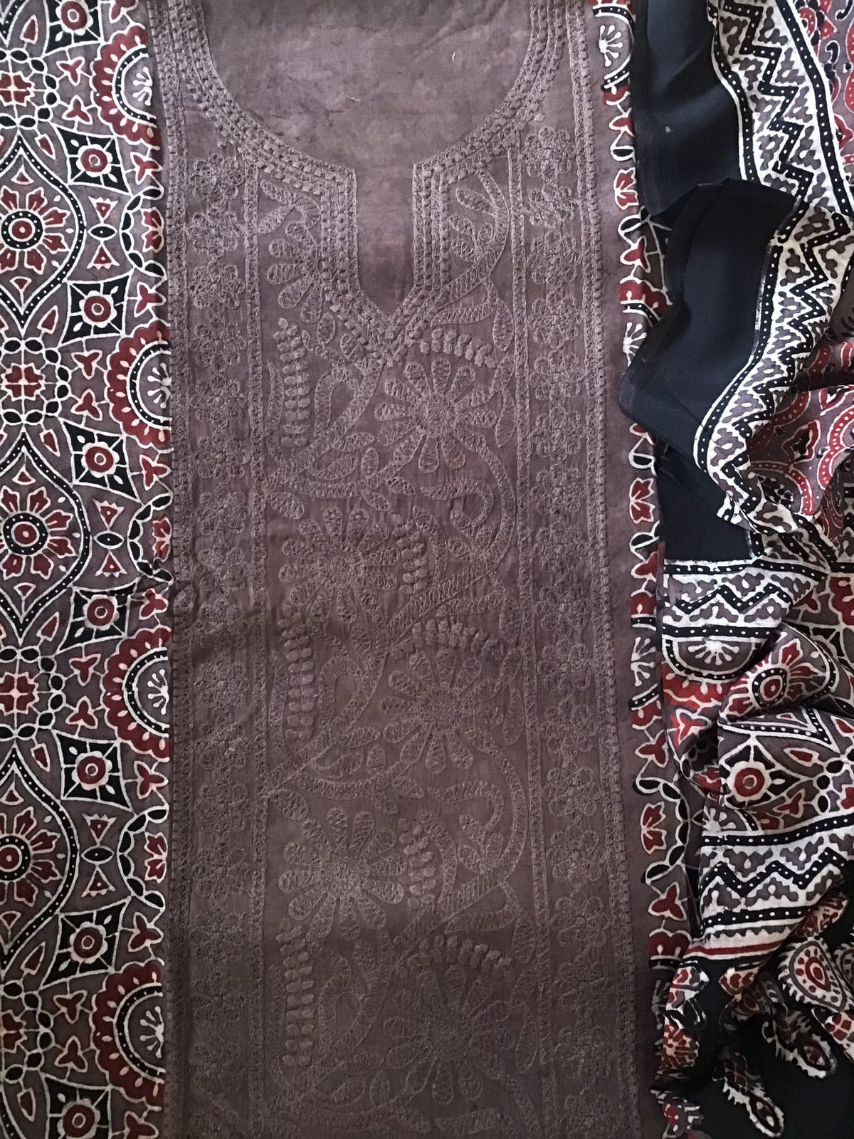 Pure Fine Muslin Silk Ajrakh Printed Embroidered Suit - Brown