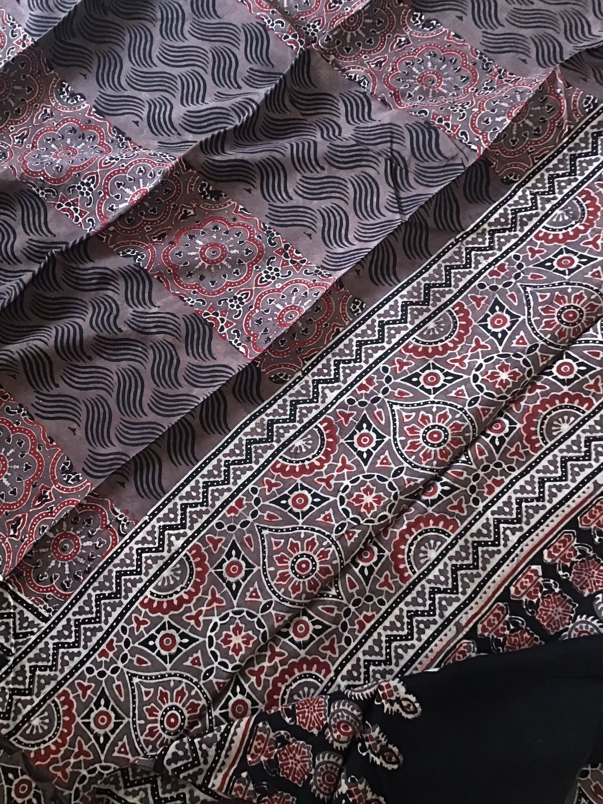 Pure Fine Muslin Silk Ajrakh Printed Embroidered Suit - Brown